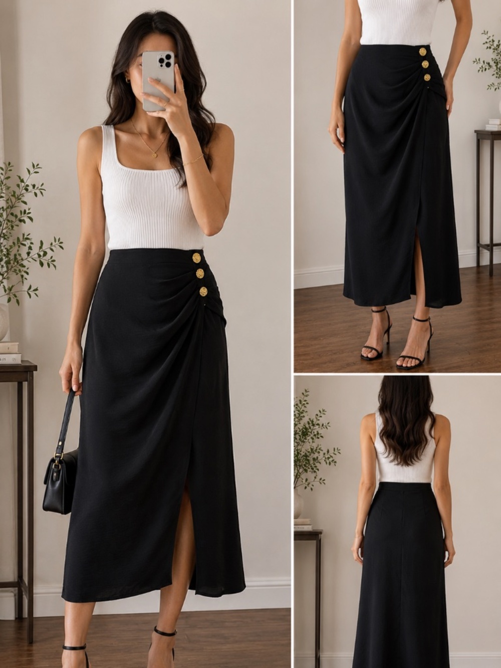 Black Zara Ruched Midi Skirt with Gold Coin Buttons | XS